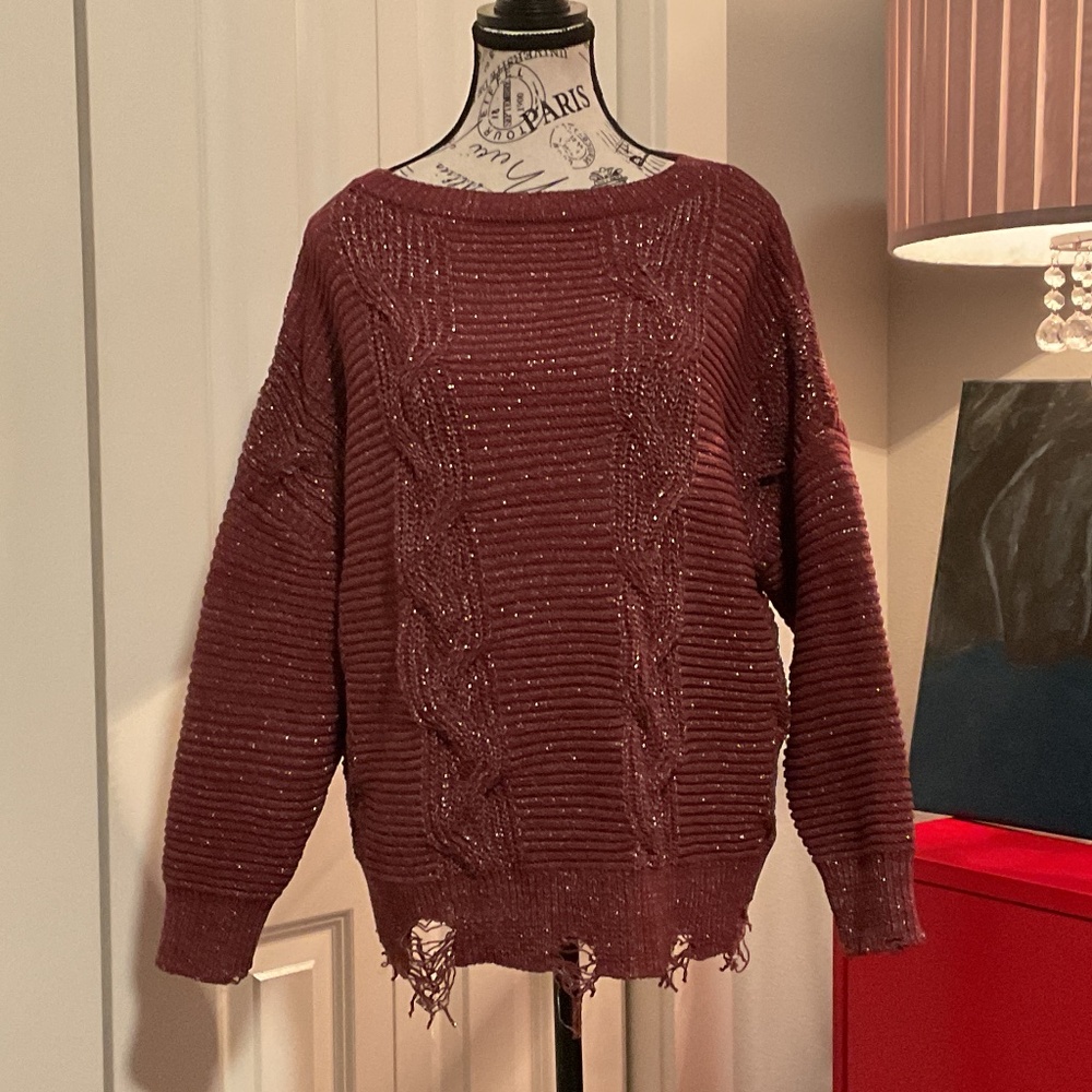 Burgundy and silver metallic thread distressed cable knit sweater by Buckle